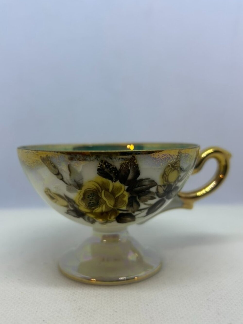 Antique!  Footed Demitasse Gilt Floral Porcelain Teacup~Hand painted ~ 2" x 3"
